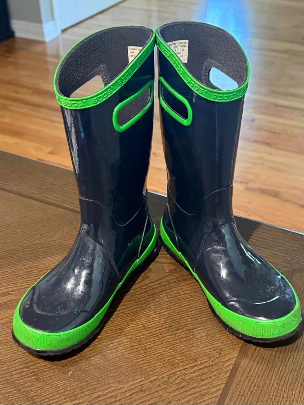 Bogs Kids Navy + Neon Green Tall Rain Boots